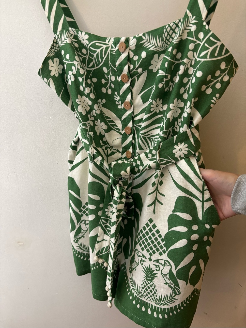 Rachel Zoe Green & White Tropical Print Sleeveless Linen Shorts Romper - Picture 7 of 11